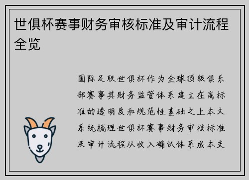 世俱杯赛事财务审核标准及审计流程全览